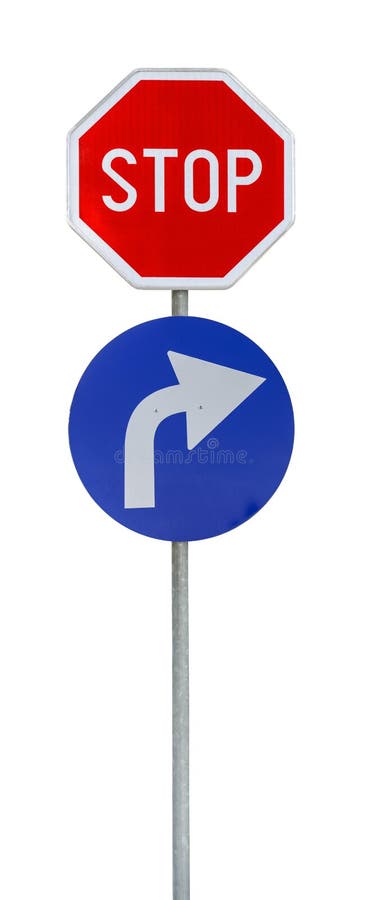 Rechtes rotes Stoppschild des weißen und blauen Pfeiles lokalisiert stockbilder Rechtes rotes Stoppschild des weißen und blauen Pfeiles lokalisiert stockbilder