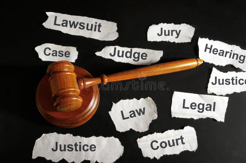 Judge's gavel and legal terms from newspaper headlines. Judge's gavel and legal terms from newspaper headlines