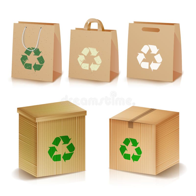 Reciclaje de las bolsas de papel y de las cajas Paquete ecológico en blanco realista del arte Ejemplo del papel reciclado de las stock de ilustración Reciclaje de las bolsas de papel y de las cajas Paquete ecológico en blanco realista del arte Ejemplo del papel reciclado de las stock de ilustración