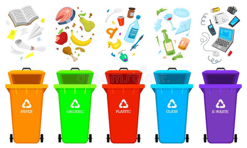Reciclando elementos do lixo O saco ou os recipientes ou as latas para diferente trashes Classificando e utilize o desperdício de