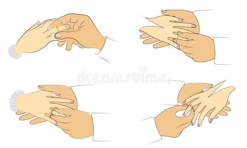 Recienes casados de Team Hands en la boda Un hombre pone un anillo de bodas de la muchacha s Conjunto de la ilustraci?n del vecto stock de ilustración Recienes casados de Team Hands en la boda Un hombre pone un anillo de bodas de la muchacha s Conjunto de la ilustraci?n del vecto stock de ilustración