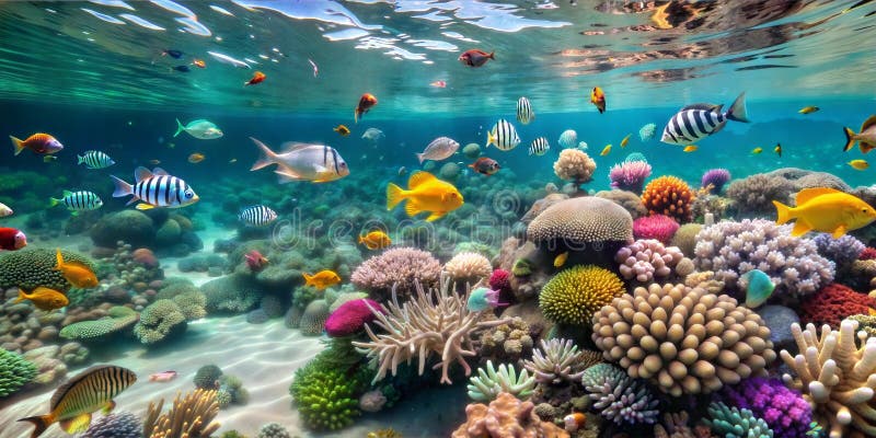 Recife de coral vibrante submarino com peixes tropicais e vida marinha ilustração do vetor
