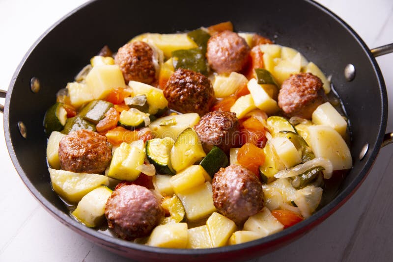 Meatballs Cooked with Assorted Baked Vegetables. Stock Image Image of