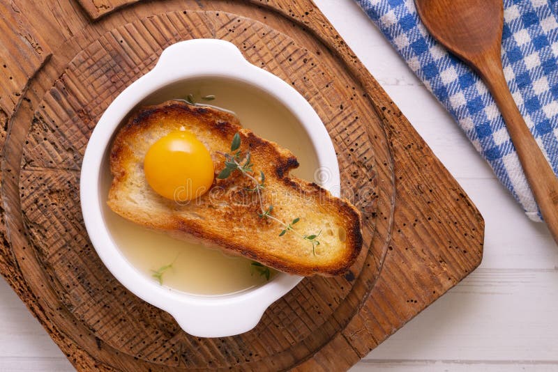 Thyme Soup with Toasted Bread and Egg. Stock Image Image of spoon, toasted 265100541