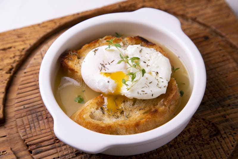 Thyme Soup with Toasted Bread and Egg. Stock Image Image of gruyere, toppings 265100551