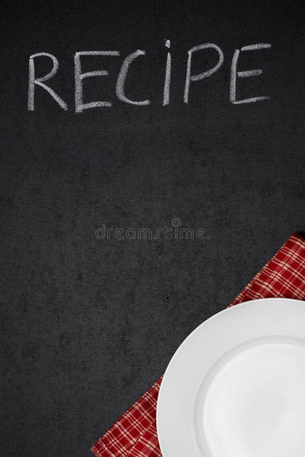 Recipe title is written in chalk on a blackboard and empty plate