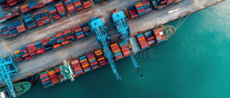 Recipientul colorat este livrat și macarale într-un port de transport maritim aglomerat. imagine generată de AI royalty free stock images