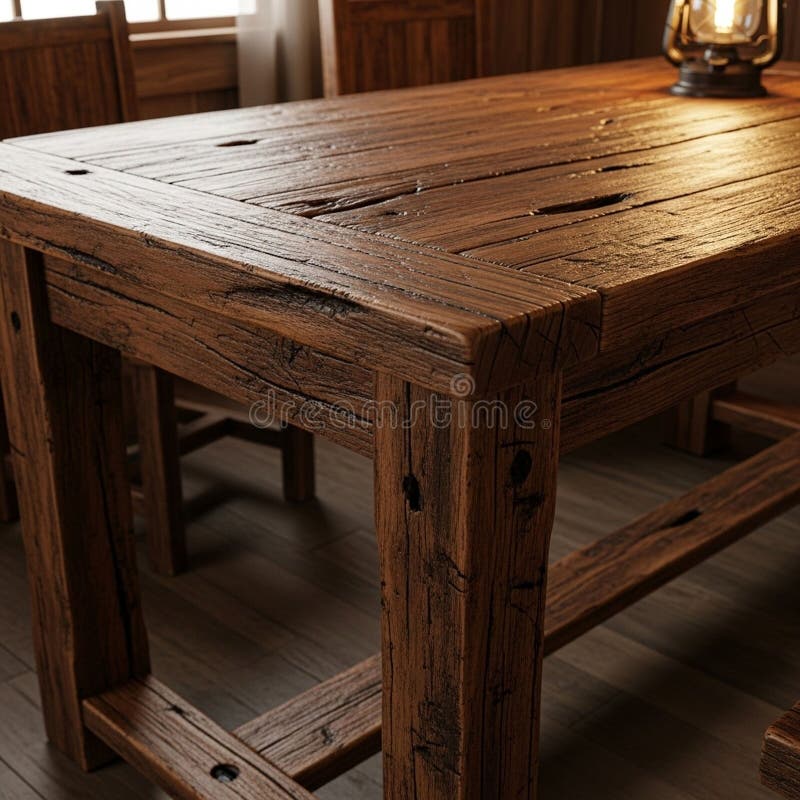 Reclaimed wood. Solid, straight legs provide stability. A lantern sits on royalty free illustration