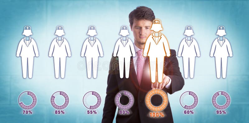 Intent young recruitment manager selecting the top performing candidate in a lineup of female nurses. Healthcare industry and recruitment concept for talent acquisition, personal career development. Intent young recruitment manager selecting the top performing candidate in a lineup of female nurses. Healthcare industry and recruitment concept for talent acquisition, personal career development