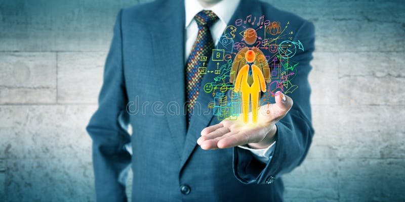 Human resources manager is showing a candidate with growth potential in his open left palm of hand. Concept for personal development, professional coaching, talent acquisition and headhunting. Human resources manager is showing a candidate with growth potential in his open left palm of hand. Concept for personal development, professional coaching, talent acquisition and headhunting.