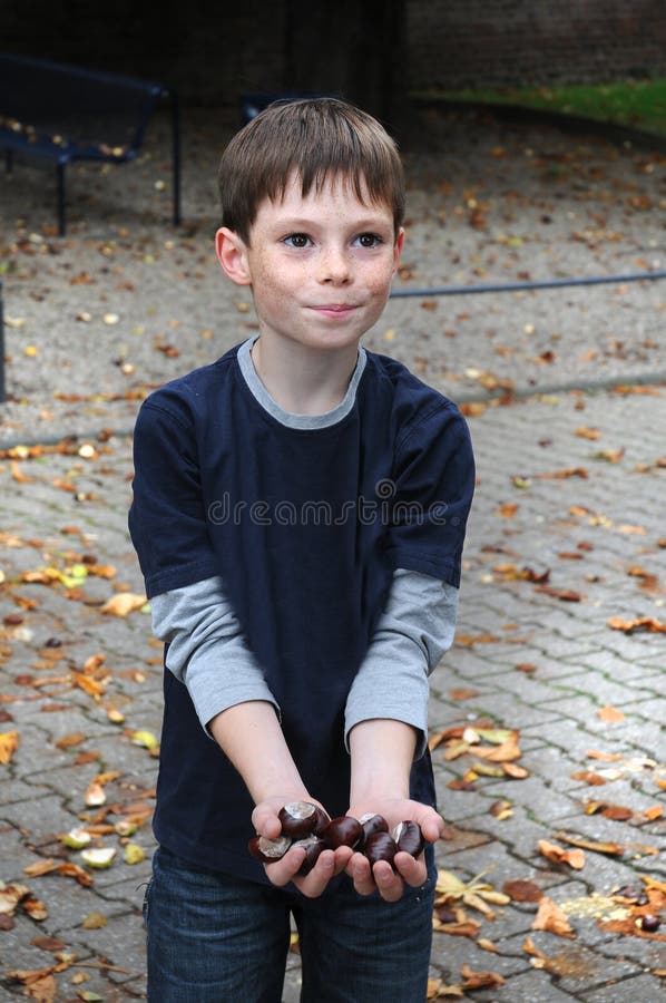 A boy shows proud his collected chestnuts. A boy shows proud his collected chestnuts