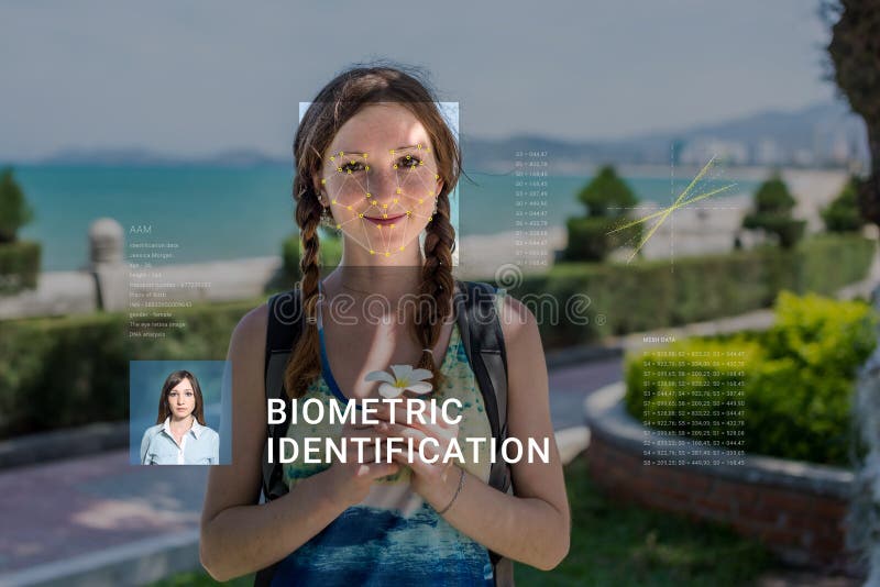 Recognition of female face. Biometric verification and identification stock images
