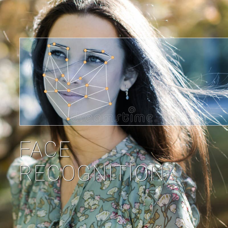 Recognition of female face. Biometric verification and identification stock photography Recognition of female face. Biometric verification and identification stock photography