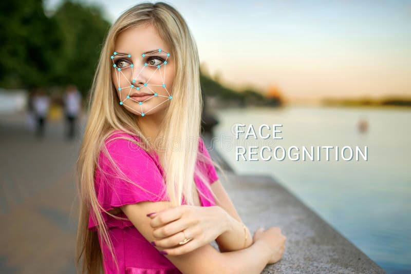 Recognition of female face. Biometric verification and identification stock images
