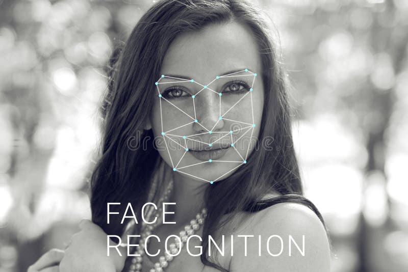 Recognition of female face. Biometric verification and identification stock images