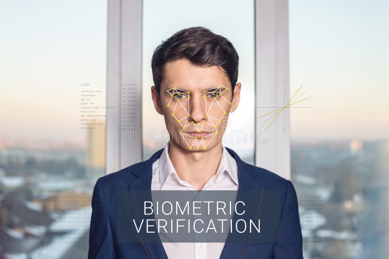 Recognition of male face. Biometric verification and identification