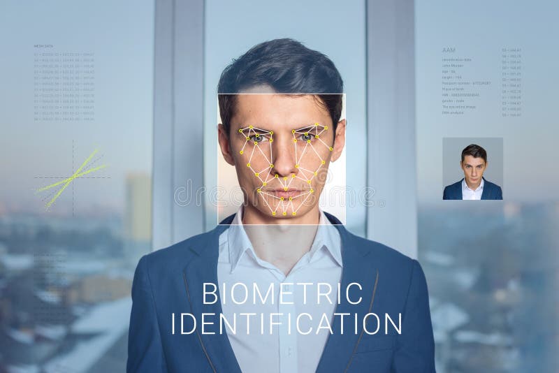 Recognition of male face. Biometric verification and identification royalty free stock photography