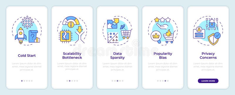 Recommendation system challenges onboarding mobile app screen stock illustration