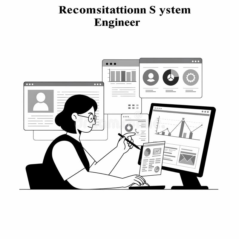 Recommendation system engineers look at user data to optimize personalized recommendations. royalty free illustration