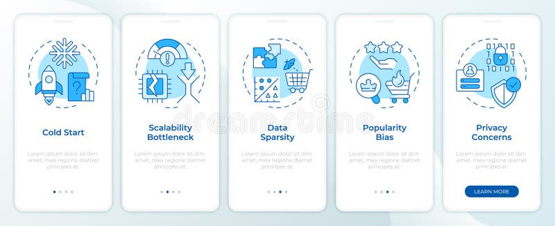 Recommendation system issues blue onboarding mobile app screen royalty free illustration