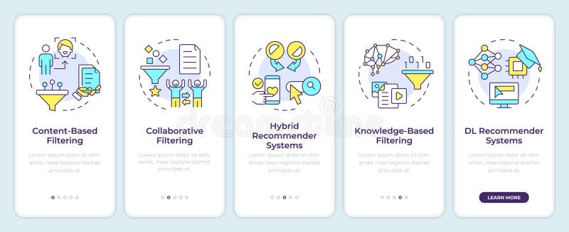 Recommendation system types onboarding mobile app screen royalty free illustration