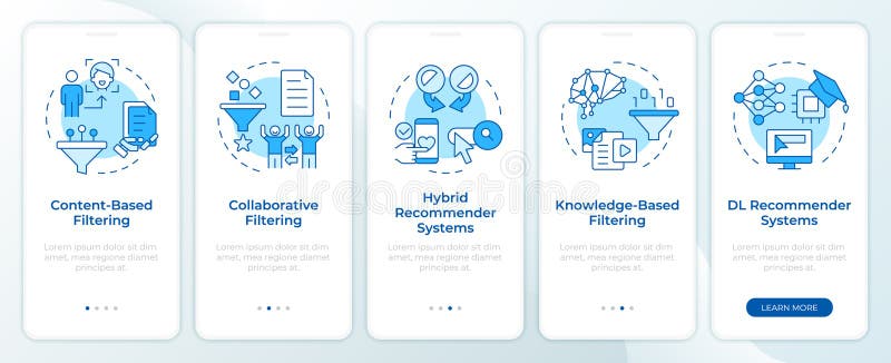 Recommendation systems types blue onboarding mobile app screen royalty free illustration