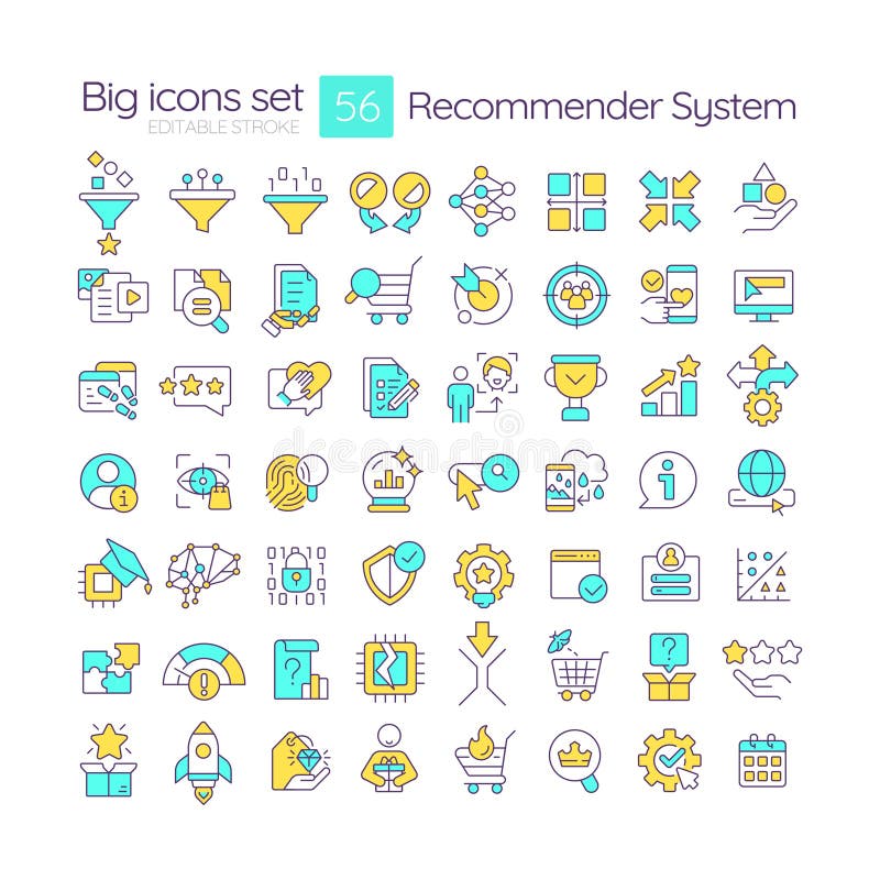 Recommender system RGB color icons set vector illustration