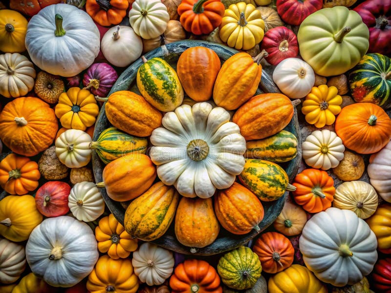 Recompensă de toamnă un afișaj uimitor de varietăți colorate de dovlecei de toamnă, cu o piesă captivă de dovleac alb vector illustration