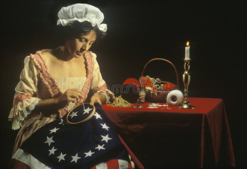 Reconstitution vivante d'histoire de Betsy Ross faisant du premier drapeau américain, Philadelphie, Pennsylvanie