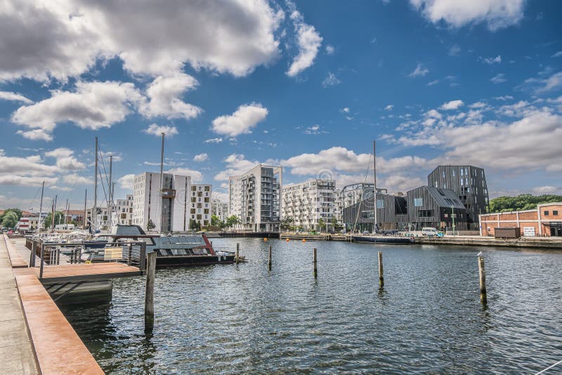 Reconstructed Modernized Homes in the Odense Old Harbor, Denmark Stock