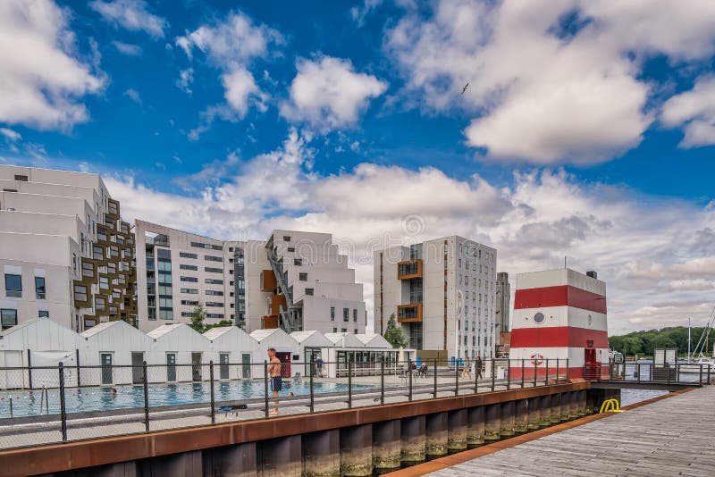 Reconstructed Modernized Homes in the Odense Old Harbor, Denmark Stock