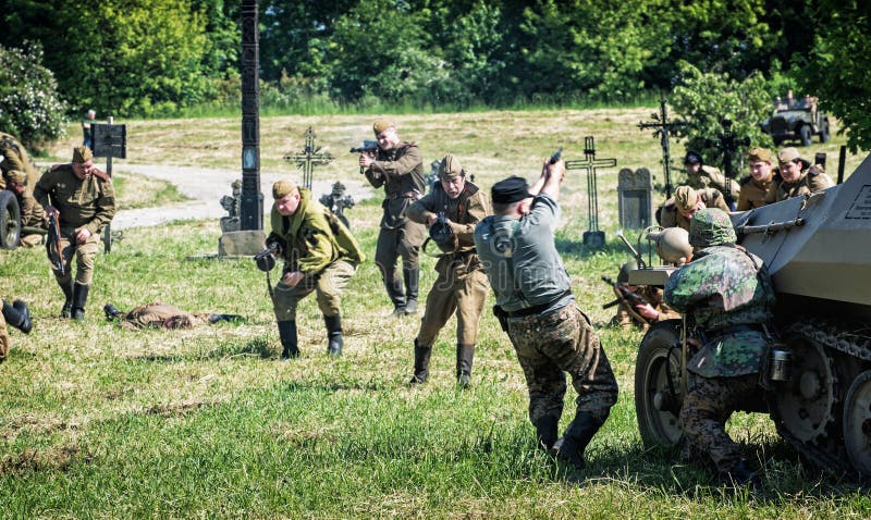 Reconstruction of the Second World War, russian infantry attacks royalty free stock image Reconstruction of the Second World War, russian infantry attacks royalty free stock image