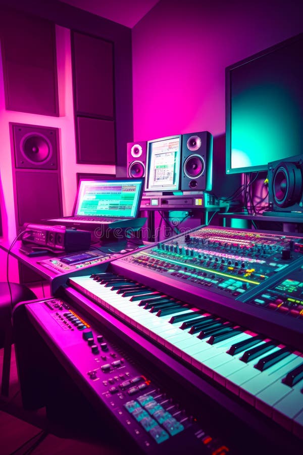 Recording Studio with Keyboard, Monitors, Monitors, and Laptops