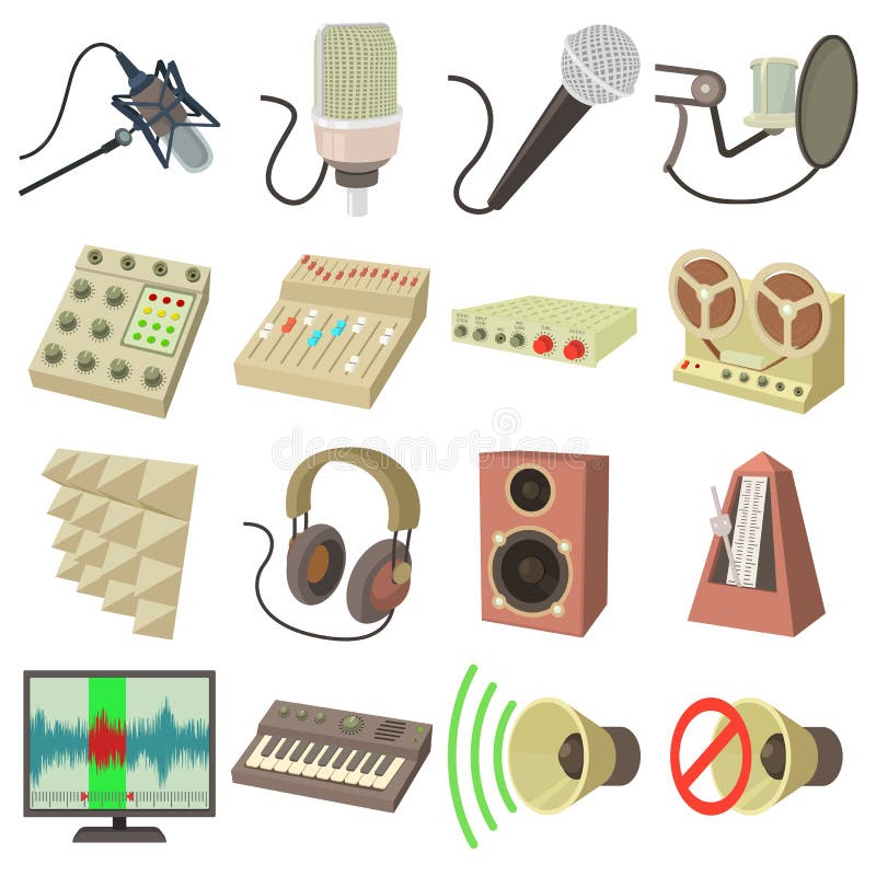 Recording Studio Symbols Icons Set, Cartoon Style Stock Vector