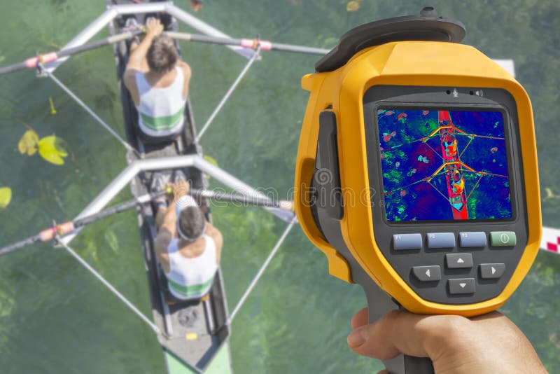 Recording Two Rowers in a Boat, with Thermal Camera Stock Photo Image