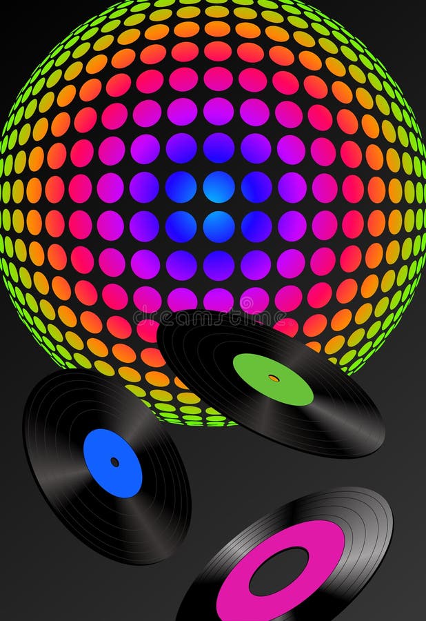 Illustration with records and colorful disco ball texture. Illustration with records and colorful disco ball texture