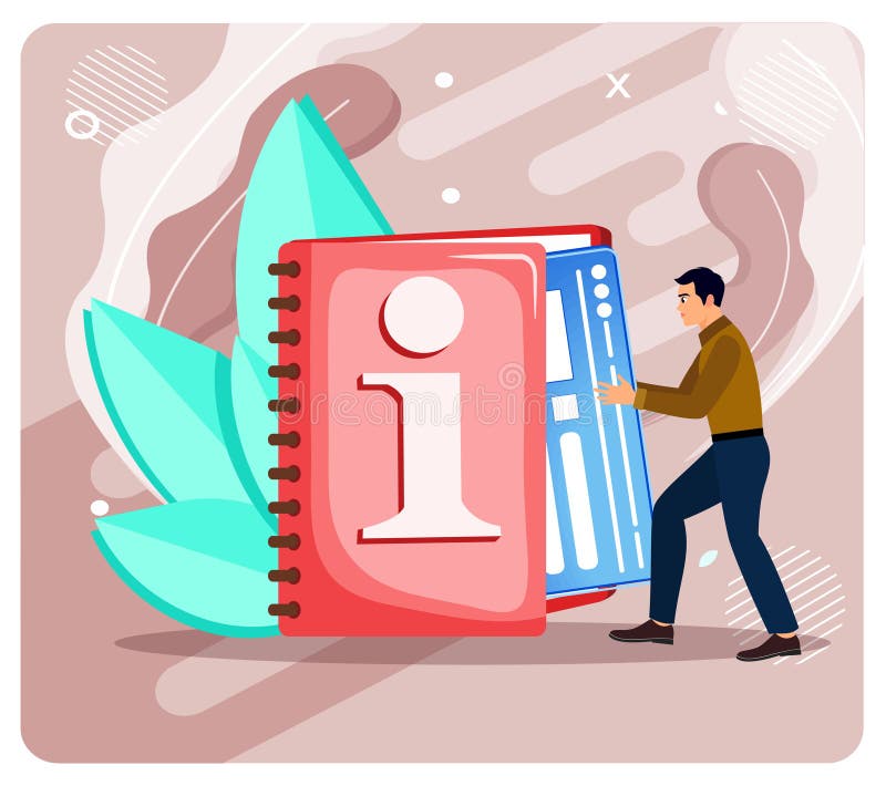 Records management concept. Man Pushes Large Information Book And Guide stock illustration