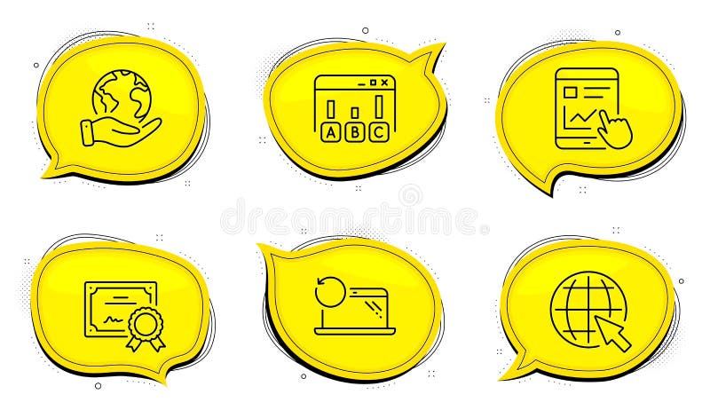 Recovery laptop, Internet and Internet report icons set. Survey results sign. Vector royalty free illustration