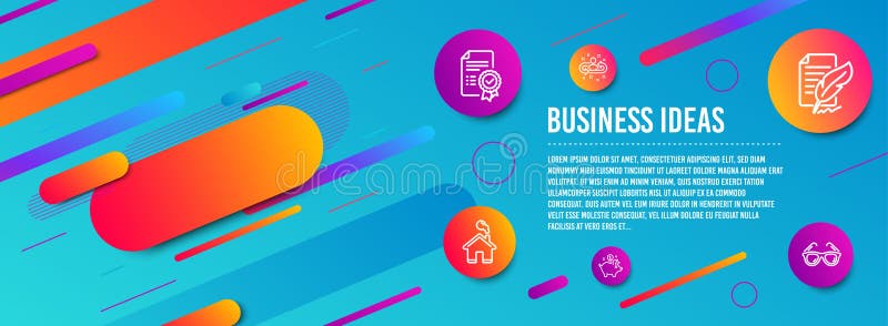 Recruitment, Certificate and Saving money icons set. Feather signature, Home and Sunglasses signs. Vector vector illustration Recruitment, Certificate and Saving money icons set. Feather signature, Home and Sunglasses signs. Vector vector illustration