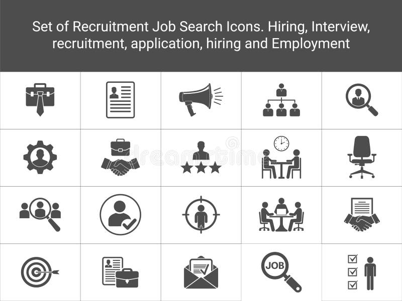 Recruitment Hiring Process Icons. Job Search, Recruitment, Candidate, Interview, Hiring Icons Set. Job Search Icons royalty free illustration