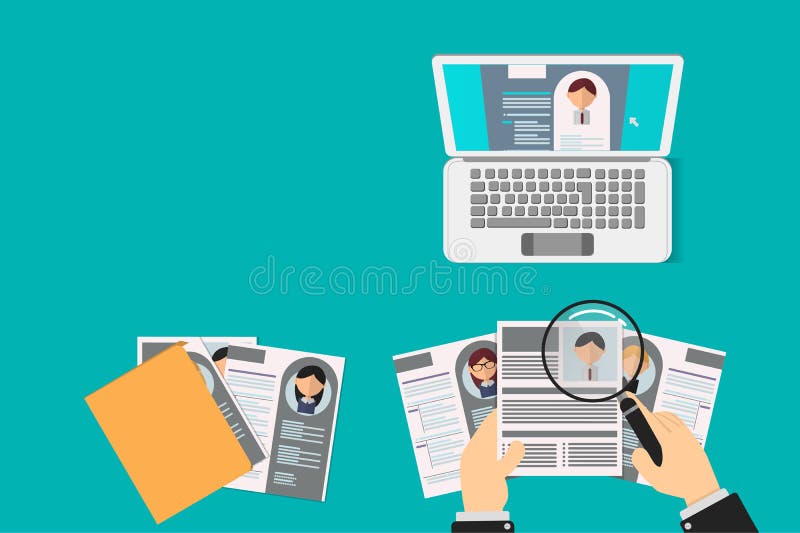 Recrutador do Office Recruta Mesa Retomar Candidatos para Vaga curriculum vitae é revisto pelo funcionário ilustração do vetor Recrutador do Office Recruta Mesa Retomar Candidatos para Vaga curriculum vitae é revisto pelo funcionário ilustração do vetor