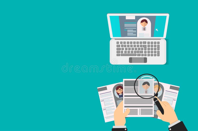 Recrutador do Office Recruta Mesa Retomar Candidatos para Vaga curriculum vitae é revisto pelo funcionário do escritório ilustração stock Recrutador do Office Recruta Mesa Retomar Candidatos para Vaga curriculum vitae é revisto pelo funcionário do escritório ilustração stock