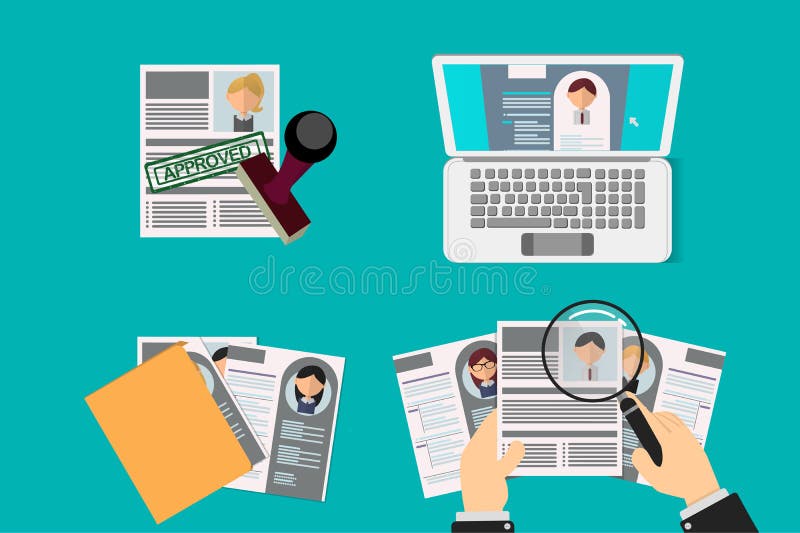 Recrutador do Office Recruta Mesa Retomar Candidatos para Vaga currículo vitae e aprovado para o trabalho de escritório ilustração stock Recrutador do Office Recruta Mesa Retomar Candidatos para Vaga currículo vitae e aprovado para o trabalho de escritório ilustração stock