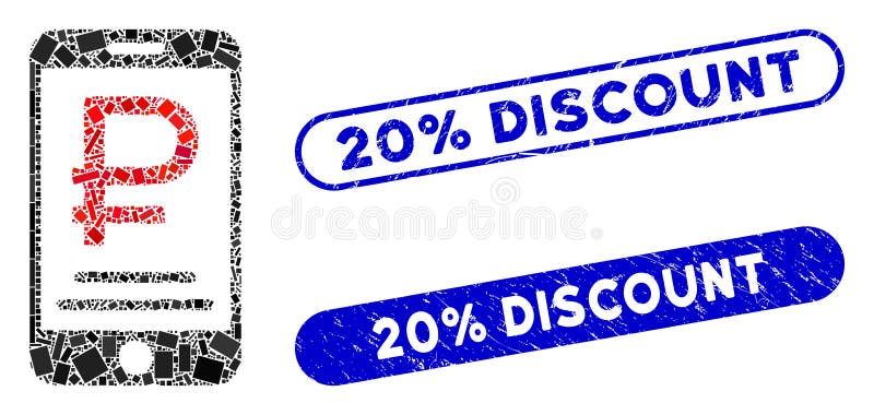 Rectangle Collage Rouble Mobile Payment with Textured 20 Percent Discount Stamps vector illustration Rectangle Collage Rouble Mobile Payment with Textured 20 Percent Discount Stamps vector illustration