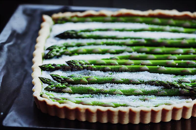 Rectangular Asparagus Tart with Cheese and Cream Filling Stock