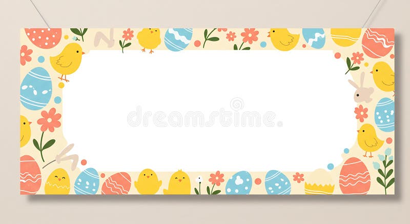 Rectangular banner with an Easter theme, featuring a border of colorful elements royalty free illustration