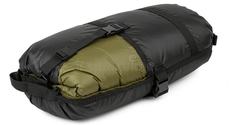 Rectangular black compression sack with a partially visible olive green sleeping bag stock illustration