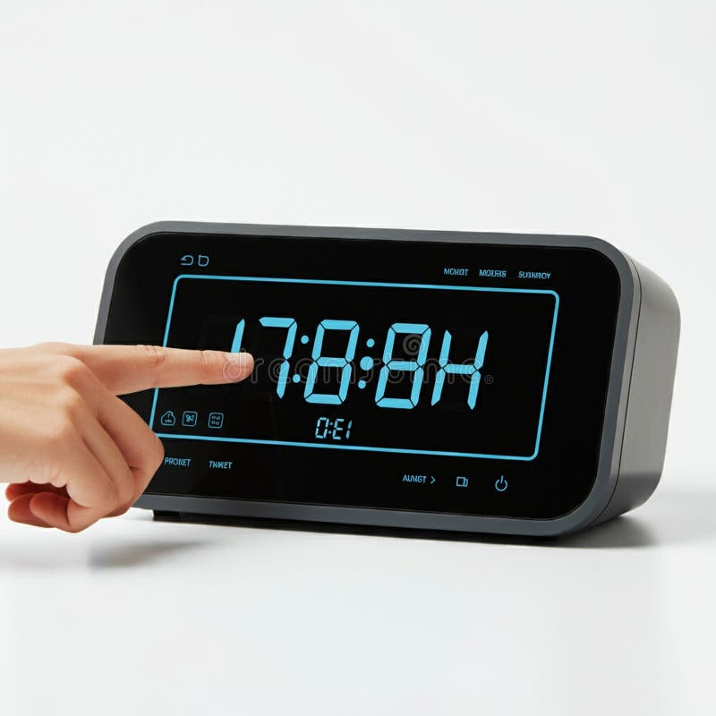 Rectangular digital clock displaying time in blue numbers on a black screen, showing stock illustration