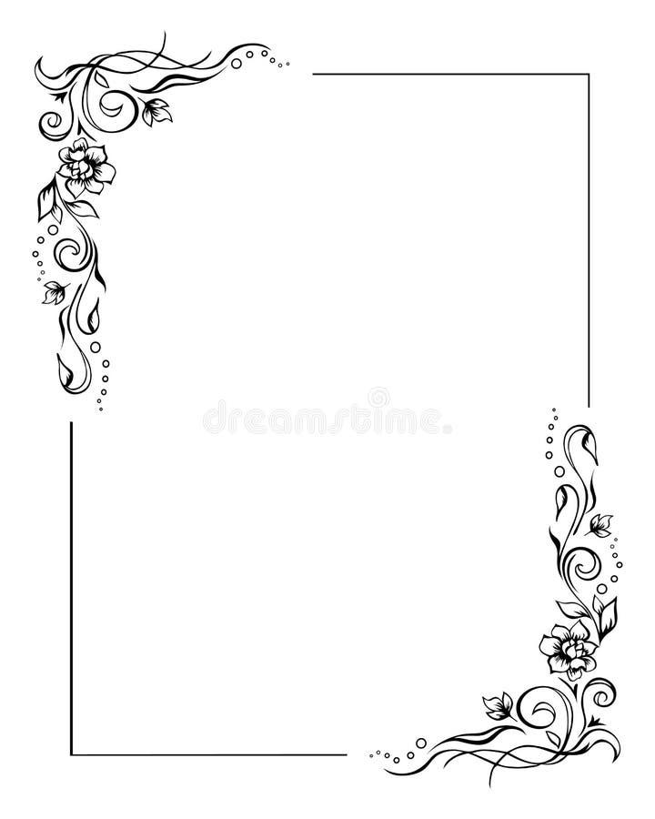 Rectangular floral frame, rose border template with flourishes in two corners. Hand-drawn vintage elements. Editable vector design