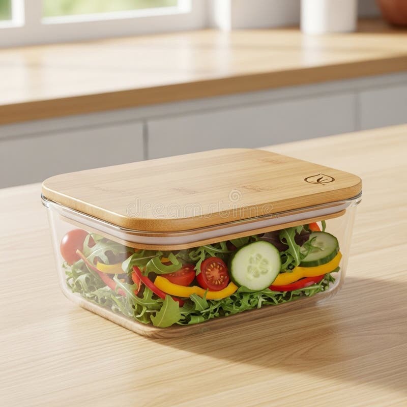 Container rests on a wooden kitchen countertop with light streaming royalty free illustration